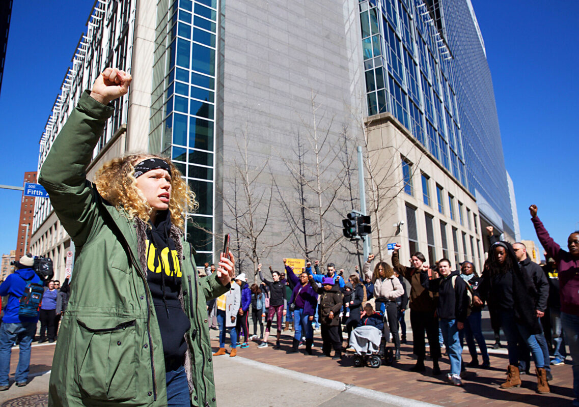 Rally organizers periodically stopped the march and blocked the streets in downtown Pittsburgh. Photo by Carmen Gentile