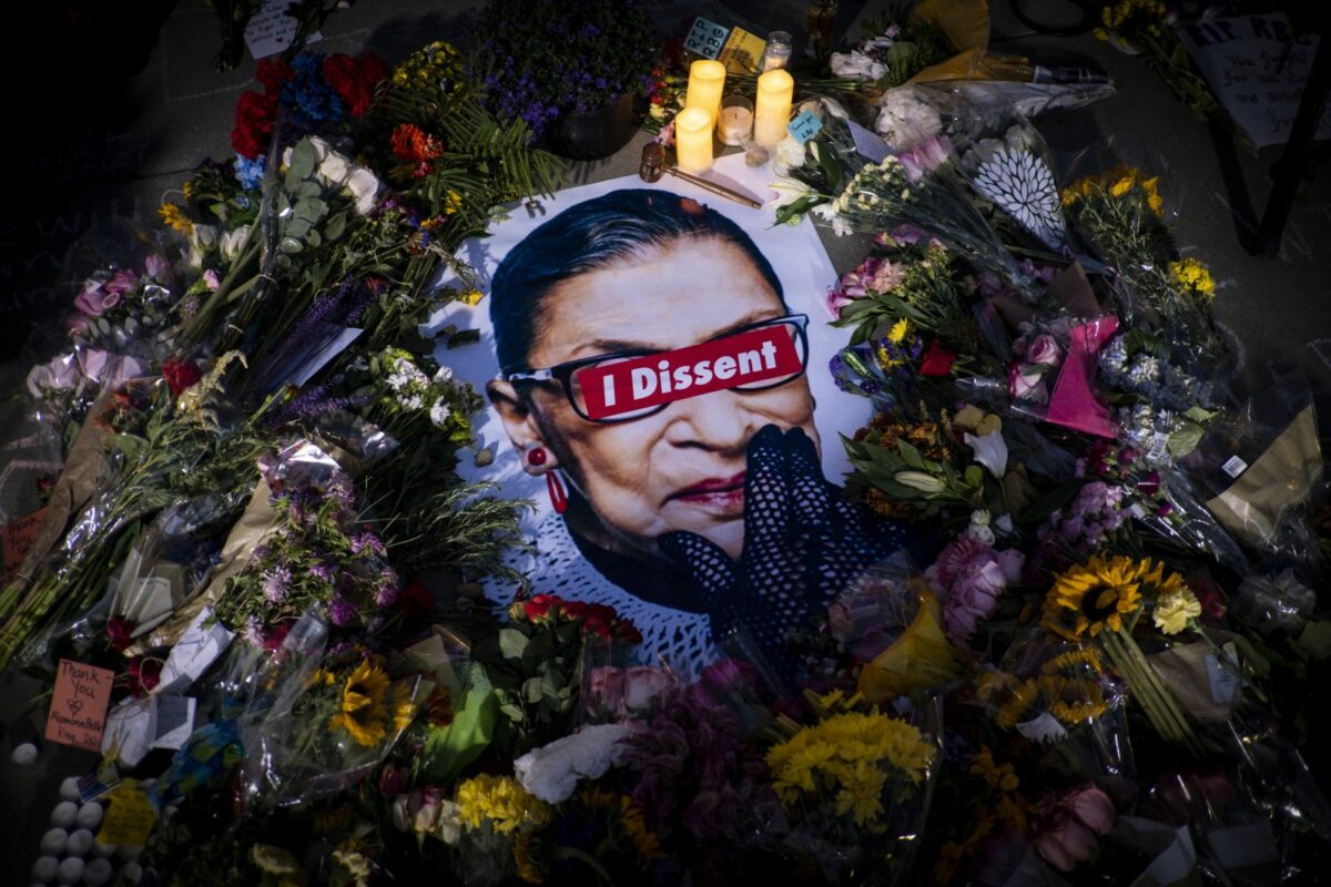 Mourners attend a vigil on Sept. 19, 2020 following the death of U.S. Supreme Court Justice Ruth Bader Ginsburg the night before at the age of 87. (Pete Marovich/American Reportage)