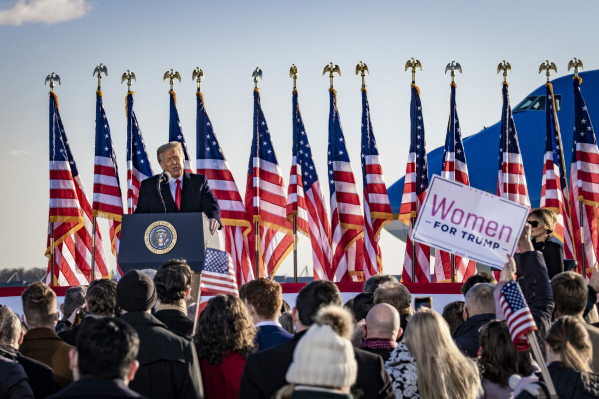 President Donald Trump speaks to supporters at Joint Base Andrews before boarding Air Force One for his last time as President on January 20, 2021. Trump is traveling to his Mar-a-Lago Club in Palm Beach, Fla.