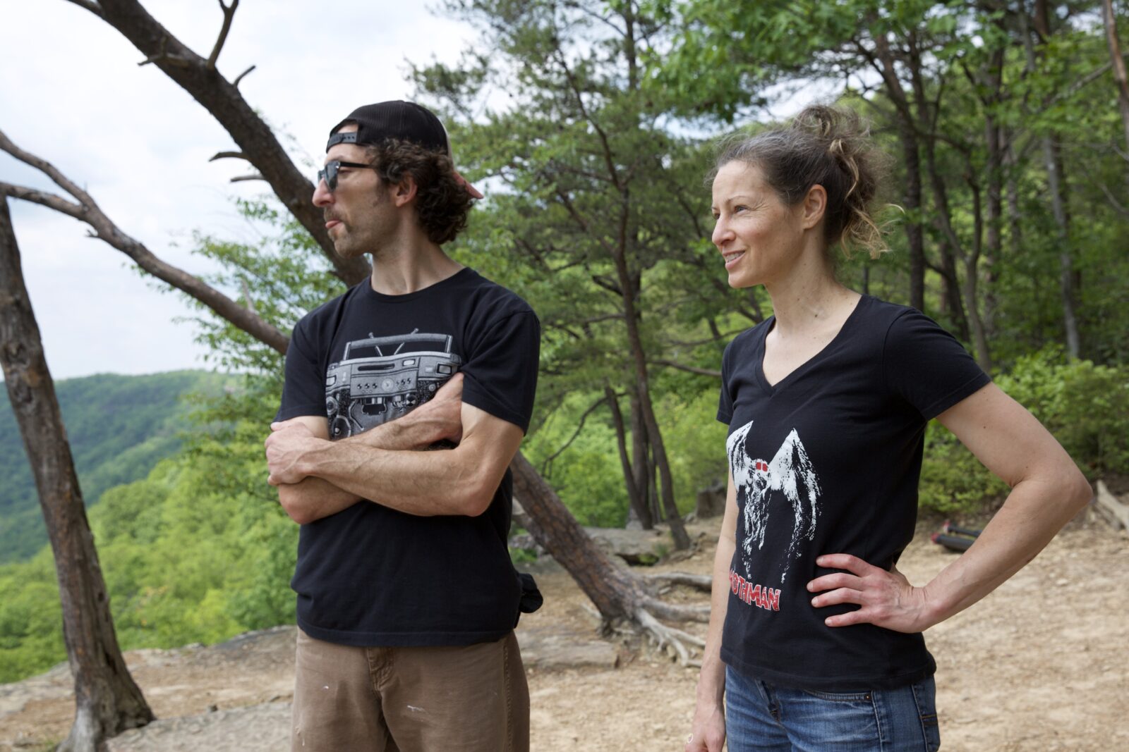 Kevin Umbel, left, and Karen Domzalski, right, at New River Gorge National Park in West Virginia on Sunday, May 24. They both settled in West Virginia from other states. (Photograph by Carmen Gentile)