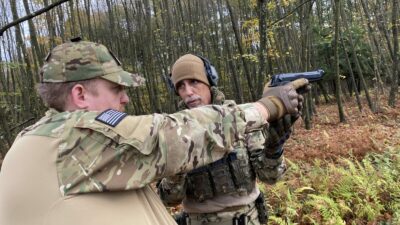 Christian Yingling, right, leads a shooting drill during a training weekend for his Pennsylvania Volunteer Militia in October. Yingling leads the militia and has taken fellow militia members to volatile rallies across the country, including the deadly Charlottesville, Va., clash between white supremacists and left-wing counter-protesters