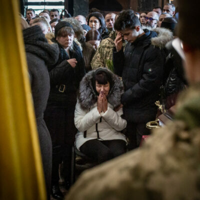 The mother of one of the 35 soldiers killed from the Sunday morning bombing of the International Peacekeeping and Security Center in Yavoriv outside of Lviv near the border with Poland. A funeral was held for three of those killed at the Church of the Most Holy Apostles Peter and Paul in Lviv, Ukraine.