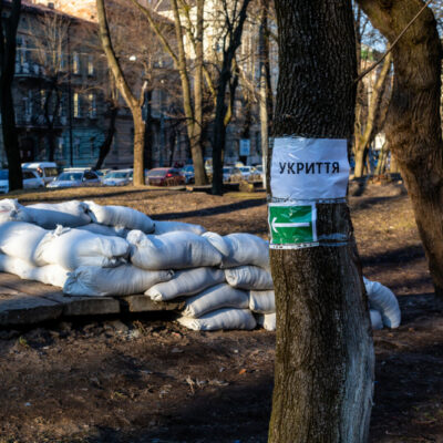 A bomb shelter in Ivan Franko park in Lviv, Ukraine. The sign reads SHELTER.