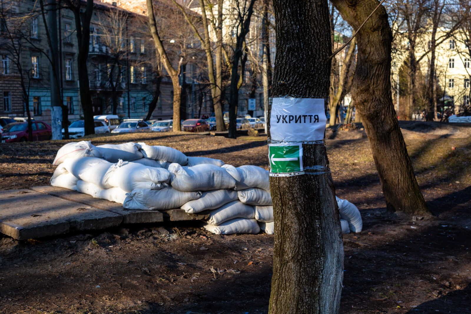 A bomb shelter in Ivan Franko park in Lviv, Ukraine. The sign reads SHELTER.