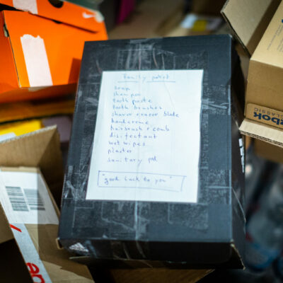 A box of supplies from the US at St. George Catholic Cathedral in Lviv, Ukraine as volunteers prepare to send supplies to send to cities in the east.