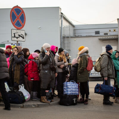 Ukrainian refugees who just crossed the border into Medyka, Poland