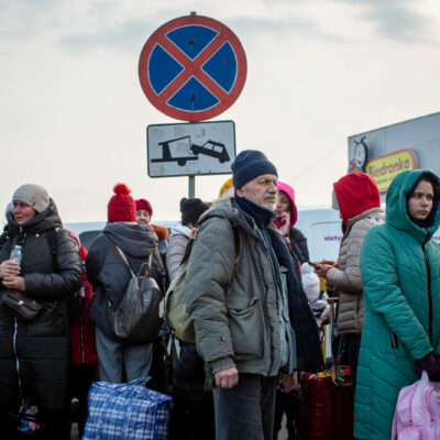 Ukrainian refugees who just crossed the border into Medyka, Poland