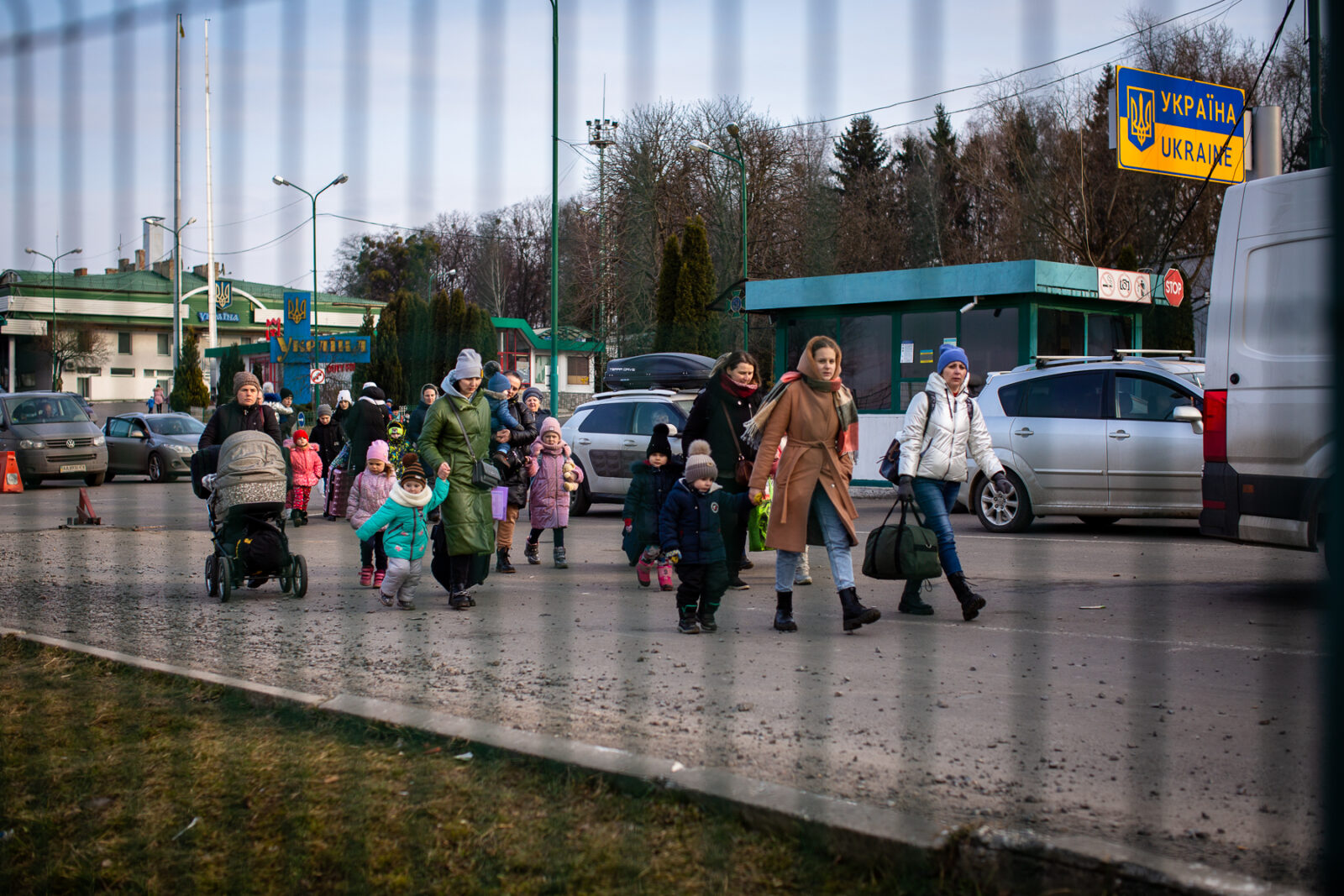 Ukrainian refugees crossing the border into Medyka, Poland