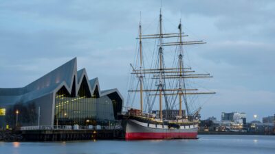 2BWCWMM Glenlee Tall Ship in front of the Riverside Museum on the River Clyde, Glasgow, Scotland.