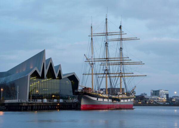 2BWCWMM Glenlee Tall Ship in front of the Riverside Museum on the River Clyde, Glasgow, Scotland.
