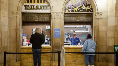 Signs allowing voters to quickly drop off their mail in ballot in person at the Allegheny County Elections office. (Photo/Nick Childers)