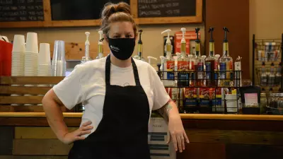 Kristy Hagan, owner of Flood City Cafe in downtown Johnstown, photographed at her restaurant on Nov. 11, 2020. She received a portion of the city's CARES Act funding to help keep her business going during the coronavirus pandemic. (Jamie Martines / Spotlight PA)