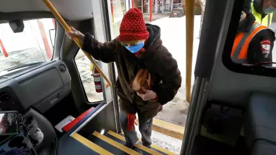 After receiving her first vaccination at a clinic in Sullivan County earlier this year, Laurell Cobb, 83, rode home on a Dial-A-Driver bus, run voluntarily by a local agency. (Fred Adams / Spotlight PA)