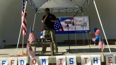 Real 3%ers Of Idaho leader Eric Parker gives a speech at a John Birch Society rally protesting pandemic measures in Twin Falls, Idaho in August 2020. Parker has become one of the country's most prominent militia leaders.